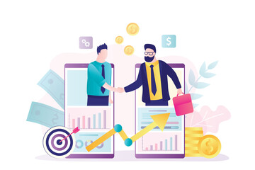 Business partners make deal. B2B connection, mobile technology. Successful negotiations, businesspeople handshake.