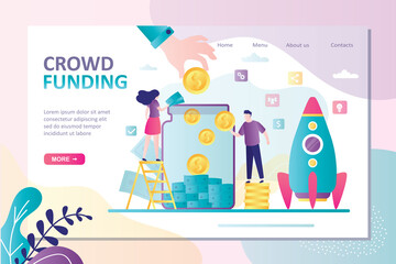 Crowdfunding landing page template, launch new startup. Businesspeople donations money for new project, investment concept.