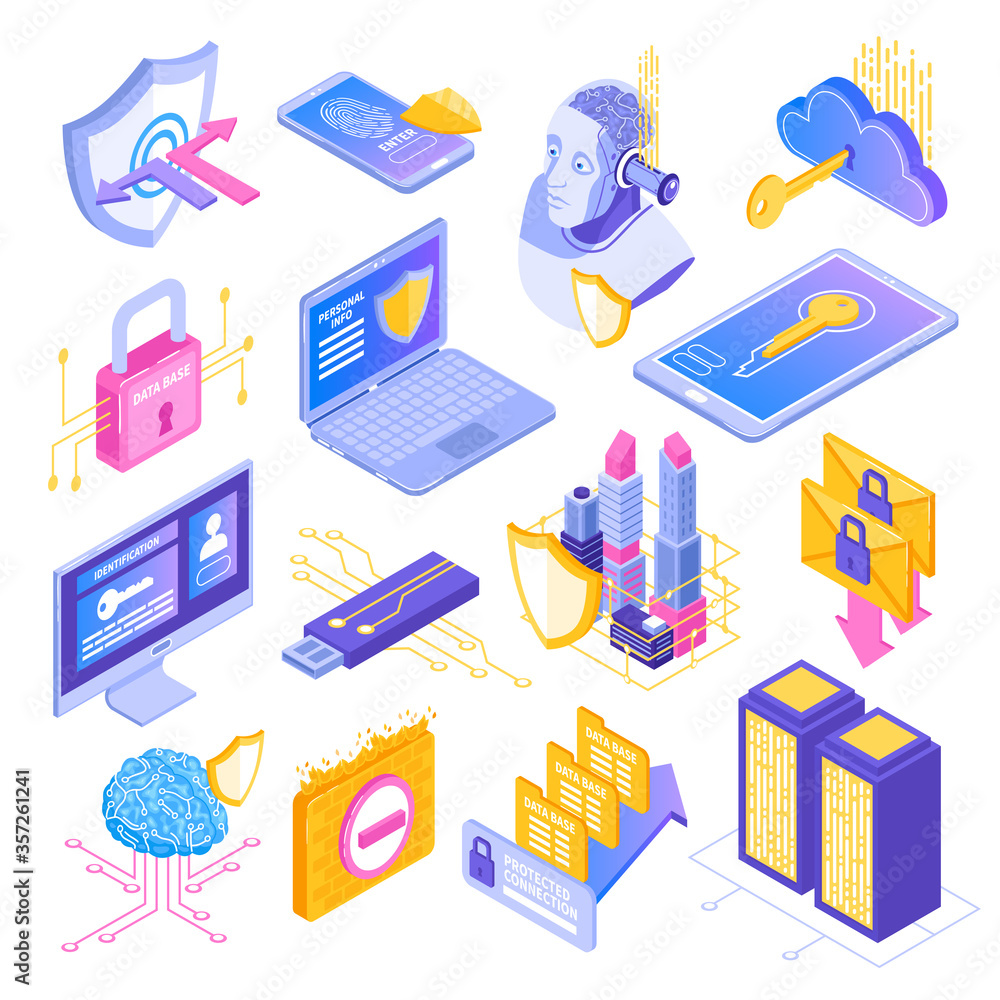 Wall mural cyber security isometric set