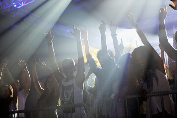 Crowd with arms raised behind railing at concert