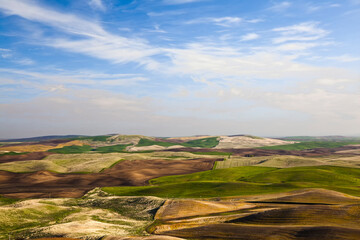 Aerial view of rolling landscape