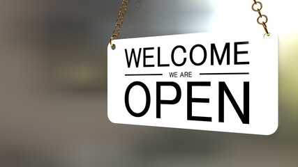 "Open" on cafe or restaurant hang on door at entrance. 3D rendering