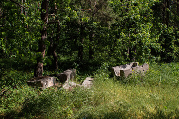 pieces of concrete lie in the forest in summer