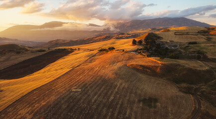 Aerial view of the fields at sunset in the Madonie Park