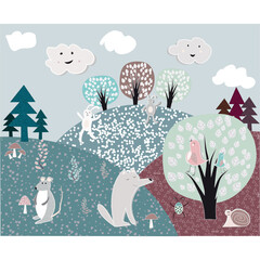 Fairy forest. Wolf, hare, mouse, snail, birds and beetle