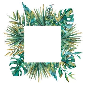 Colorful floral frame with colorful tropical leaves. Rainforest Collection. Perfect for weddings, frames, quotes, template, greeting cards, logo, invitations, lettering, etc.
