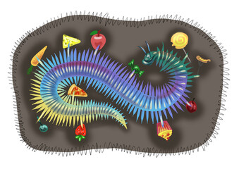3d rendering, adorable, animal, apple, arthropod, background, bait, brown, bug, candy, cartoon, centipede, character, cheerful, closeup, color, comic, crawling, creature, creepy, cute, danger, dangero