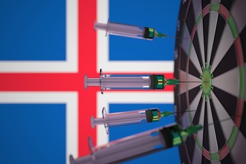 Coronavirus vaccine syringes on the Icelandic flag background. Medical research and vaccination in Iceland, 3D rendering