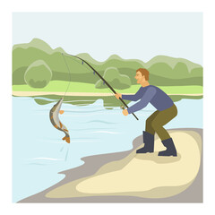 The fisherman caught a fish pike on a fishing rod. River bank. Vector illustration.