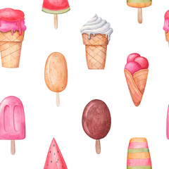 watercolor painting ice cream in a cup and on a stick, design for children's things on a white background
