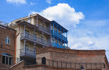 Antique carved balconies. Old town. Popular tourist destination in Georgia.