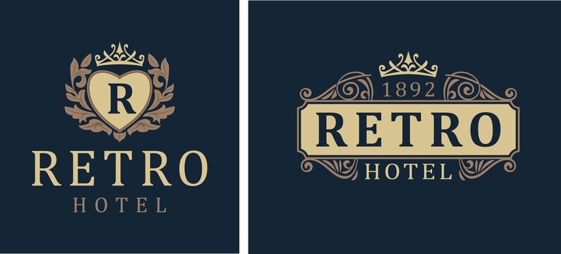 Retro Hotel. Letter emblem R in heart with crown. Luxury logotype template calligraphic ornament lines. Vector icon for the hotel, restaurant royalty jewelry