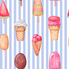 pattern watercolor painting ice cream in a cup and on a stick, design for children's things on a striped background