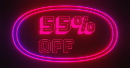 Discount 55 percent off with red and blue light in dark background. Special offer for marketing promotional.