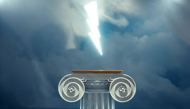 3D Animation of single Greek column with thunderstorm in the background and Zeus Lighting Bolt placed on top. 3D rendering footage 4k
