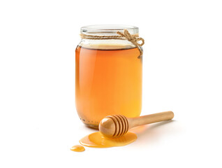 Glass Jar of pure honey with honey dipper isolated on white background.