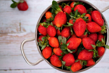 Organic strawberry close-up. Top view.