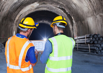 Workers reading blueprints in tunnel
