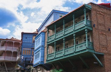 Antique carved balconies. Old town. Popular tourist destination in Georgia.