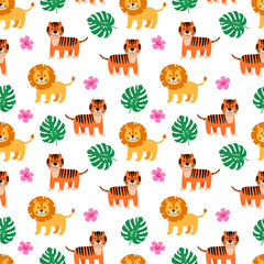 Tropical cute seamless pattern with wild animal lion tiger and palm leaves. Scandinavian style. Vector illustration