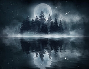 Dark cold futuristic forest. Dramatic sccna with trees, big moon, moonlight. Smoke, shadow, smog, snow. Night forest landscape reflection in the river, sea, ocean.