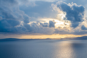 Landscape of the Mediterranean Sea and the coast at sunset from the Mirador de sa Torre, on a...