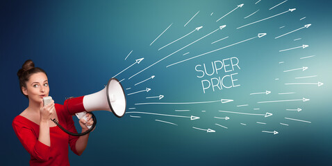 Young girl screaming to megaphone with SUPER PRICE inscription, shopping concept