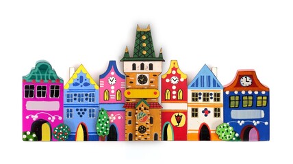 Magnetic souvenir with the image of multi-colored medieval wooden houses isolated on white background
