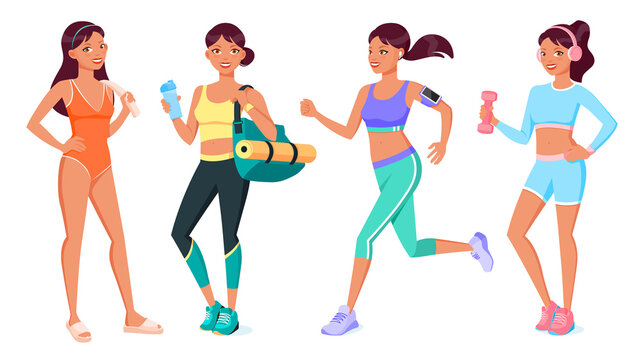 Sportive girl character. Sport and fitness activity. Swimming, running, yoga, fitness girl.