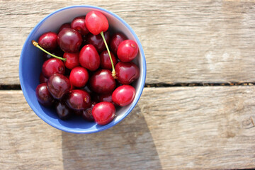 Ripe black cherries with water drops in a white ceramic bowl with a blue border on a wooden table background outdoors. Summer sunny day. Natural lighting
