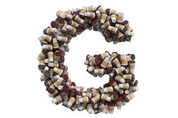 Letter G from disposable cups of coffee or tea, 3D rendering