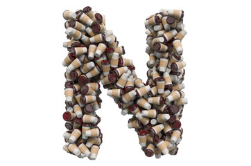 Letter N from disposable cups of coffee or tea, 3D rendering