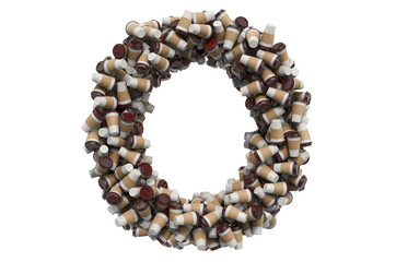 Letter O from disposable cups of coffee or tea, 3D rendering