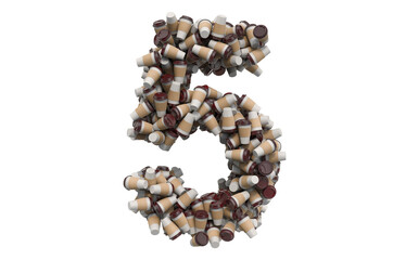 Number 5 from disposable cups of coffee or tea, 3D rendering