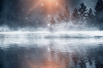Dark forest. Gloomy dark scene with trees, big moon, moonlight. Smoke, shadow. Abstract dark, cold street background. Night view.