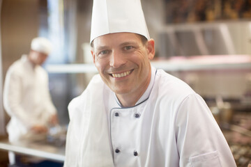 Chef smiling in restaurant kitchen