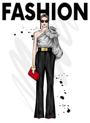 Beautiful high in pants and a shirt. Stylish clothes and accessories. Fashionable woman. Vector illustration. Fashion & Style. Fashion look. 