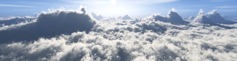 Obraz premium Beautiful panorama of clouds, Flying above the clouds, clouds view from above, the sun above the clouds, 3D rendering
