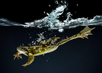 Frog swimming underwater - obrazy, fototapety, plakaty