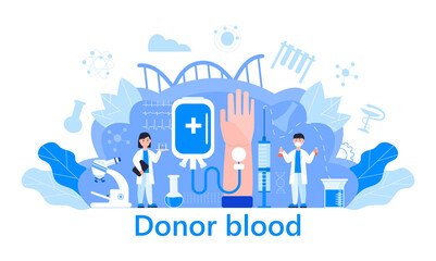 World blood donor day concept vector with tiny doctors, blood donation, microscope, tubes. Medical illustration on June 14. It is for website, landing page, app