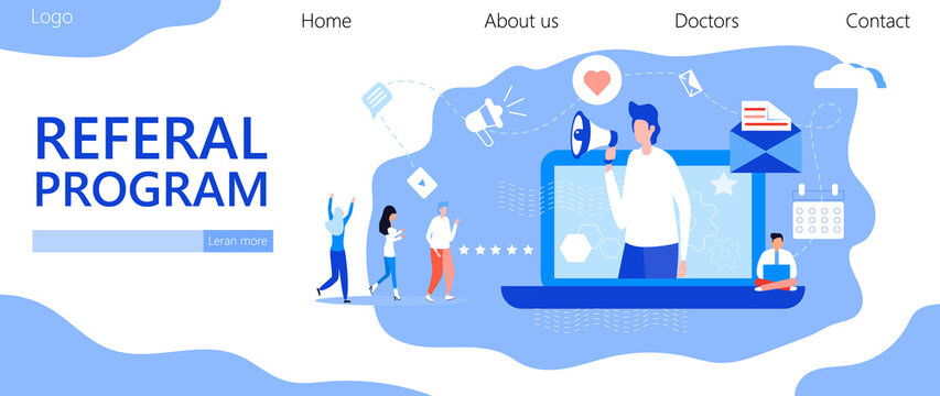 Referal Program Vector. Refer A Friend Illustration Of Appeal Concept, Man Loudly Shout On Megaphone With Refer A Friend Word, It Can Use For Landing Page, Template, Ui, Web, Mobile Apps.