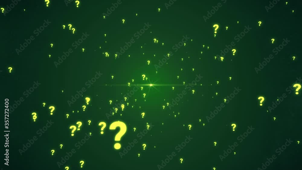 Poster a lot of question marks flying around. camera flying through yellow glowing question mark particles.