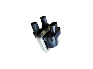 New car ignition coil on an isolated white background. Component of the ignition system. Spare...