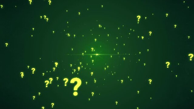 A lot of question marks flying around. Camera flying through yellow glowing question mark particles. Green background. Seamless Loop. 