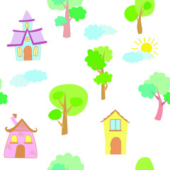 Seamless vector pattern of children's drawing. House, clouds, trees. Line vector drawing. Drawn by a child. Suitable for children's room decoration, fabric, decor. Doodle style.