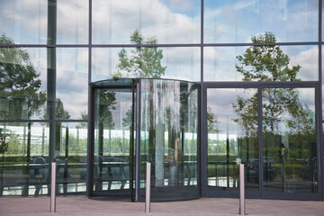 Park reflected in glass windows