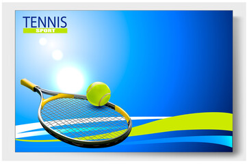 3 d Tennis Racquet. Vector Tennis Ball. A realistic object and sports background for posters, leaflets for world tennis competitions.Vector illustration.Sport equipment element.