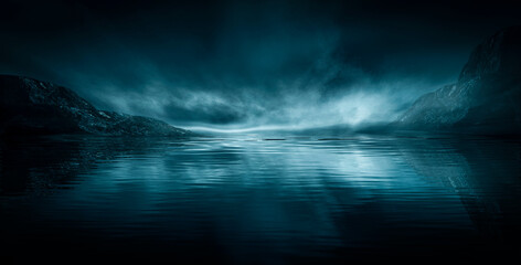 Modern futuristic fantasy night landscape with abstract islands and night sky with space galaxies. Multicolor neon glow. Reflection of light in water, stars. Empty scene, landscape. © MiaStendal