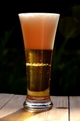 one glass of light beer.  lager with beer foam on a wooden table on dark blured background