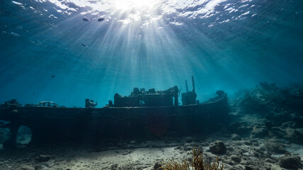 Ship wreck "Tugboat" in  shallow water of coral reef in Caribbean sea / Curacao with view to surface and sunbeam